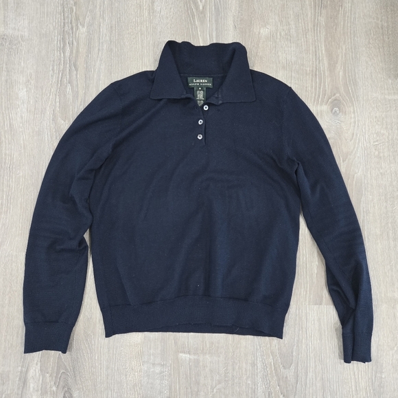 Lauren Ralph Lauren Silk Navy Knit Long Sleeve Polo  size M - Picture 1 of 3